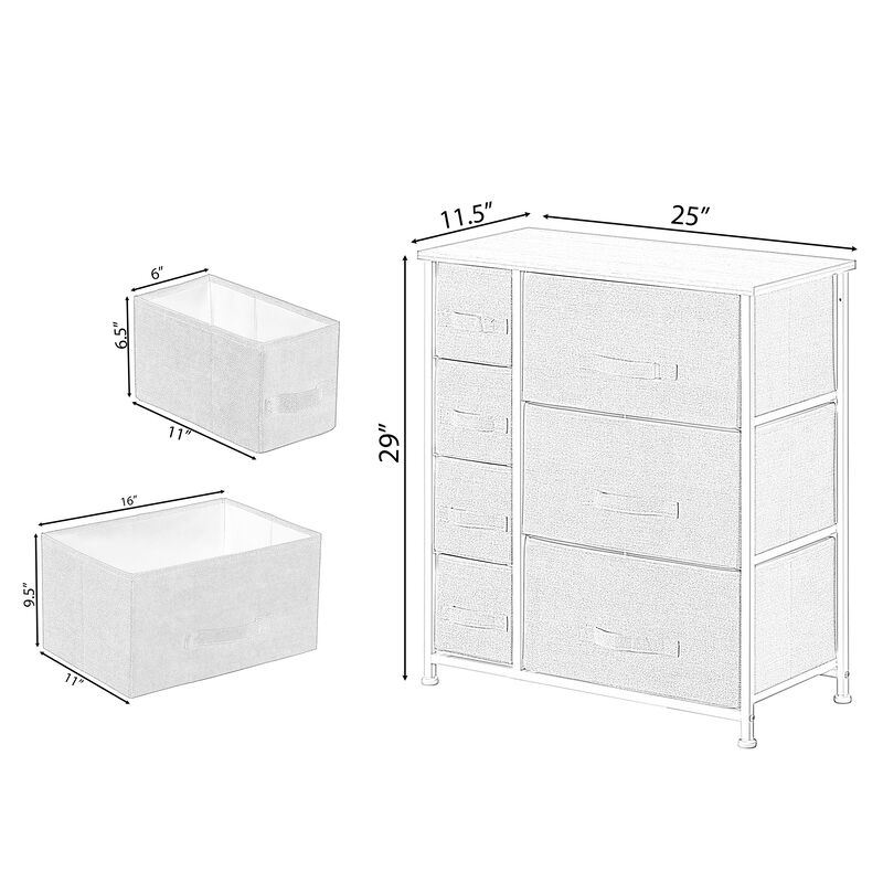 Sand Bins and White Frame Seven Storage Night Chest and Storage Chest, 2 Sizes Bins, Beige, 7 Drawers