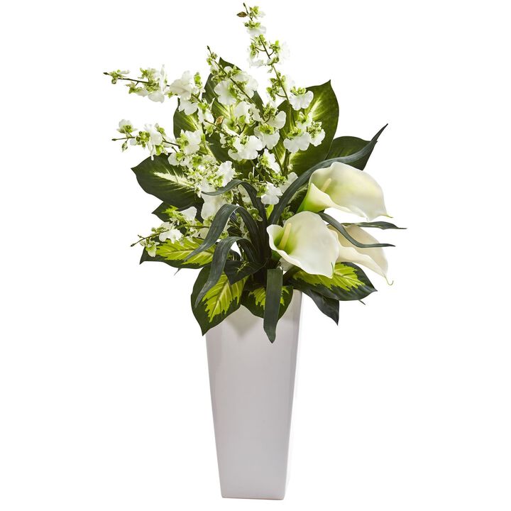 Nearly Natural 29-in Calla Lily & Orchid Artificial Arrangement in Black Vase