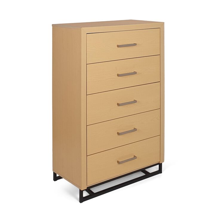 Tall Dresser Chest with 5 Drawers, Black Iron Base, Natural Brown Wood - Benzara