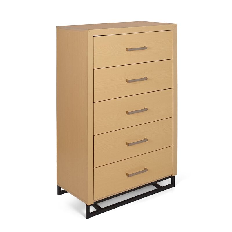 Tall Dresser Chest with 5 Drawers, Black Iron Base, Natural Brown Wood - Benzara