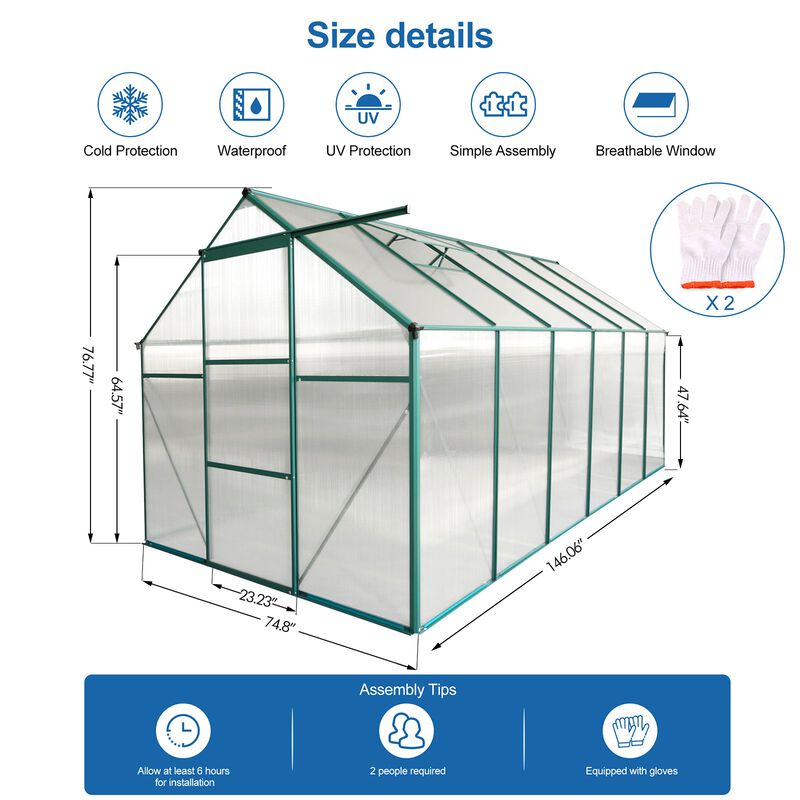 MONDAWE 6x12 FT Polycarbonate Greenhouse Raised Base and Anchor Aluminum Heavy Duty Walk-in Greenhouses for Outdoor Backyard