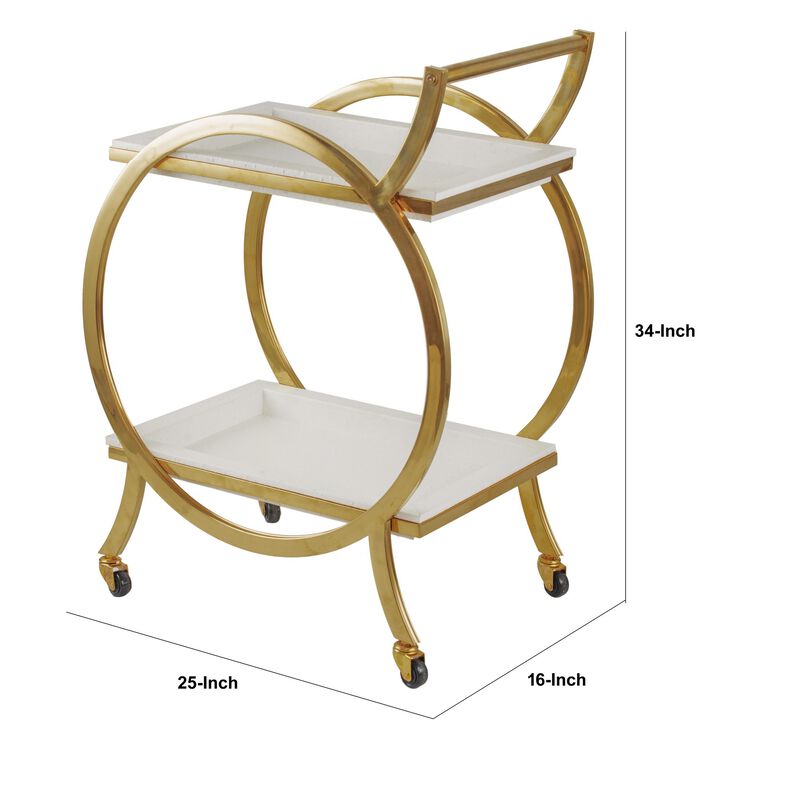 Sia 34 Inch Rolling Bar Cart, Round Steel Frame, Removable Trays White Gold-Benzara