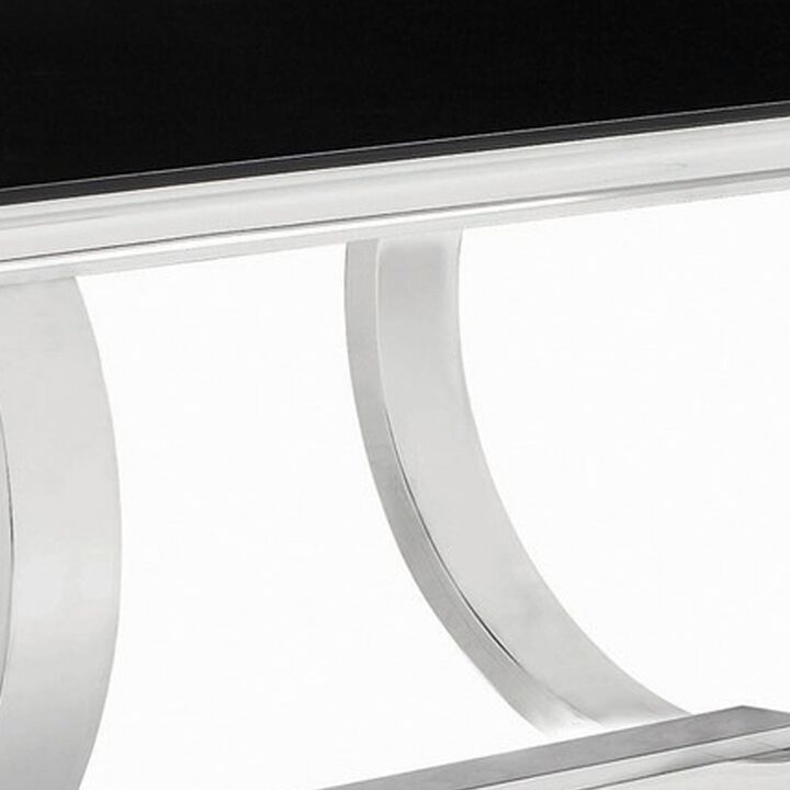 Dining Table with Glass Top and Trestle Base, Black and Chrome - Benzara