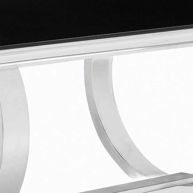 Dining Table with Glass Top and Trestle Base, Black and Chrome - Benzara