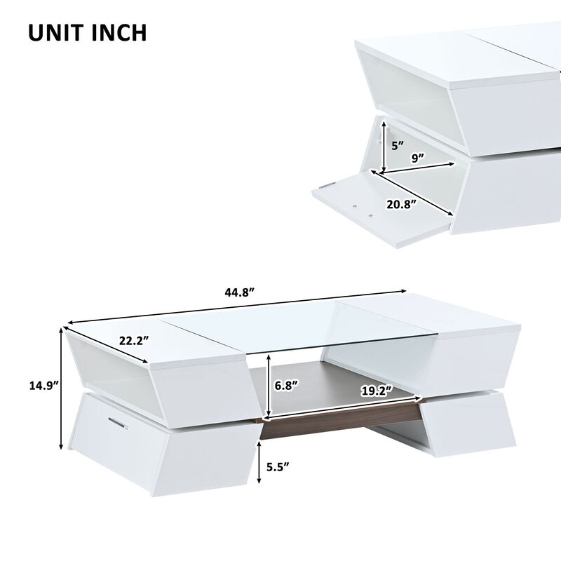 Merax 6mm Glass-Top Coffee Table with Open Shelves and Cabinets