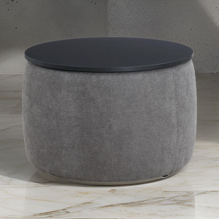 Soi 30 Inch Storage Ottoman table, Black Round Top Lift, Gray Chenille  - Benzara