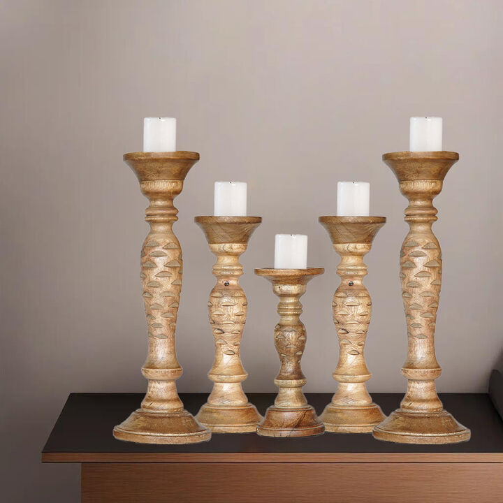 Traditional Wallnut Eco-friendly Handmade Mango Wood Set Of Five 15",12",9",12" & 15" Pillar Candle Holder BBH Homes