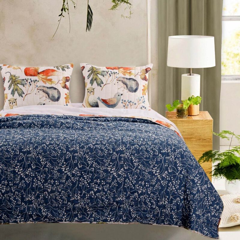 Hivvago King 3 Piece Blue Beige Birds Animals Floral Microfiber Reversible Quilt Set
