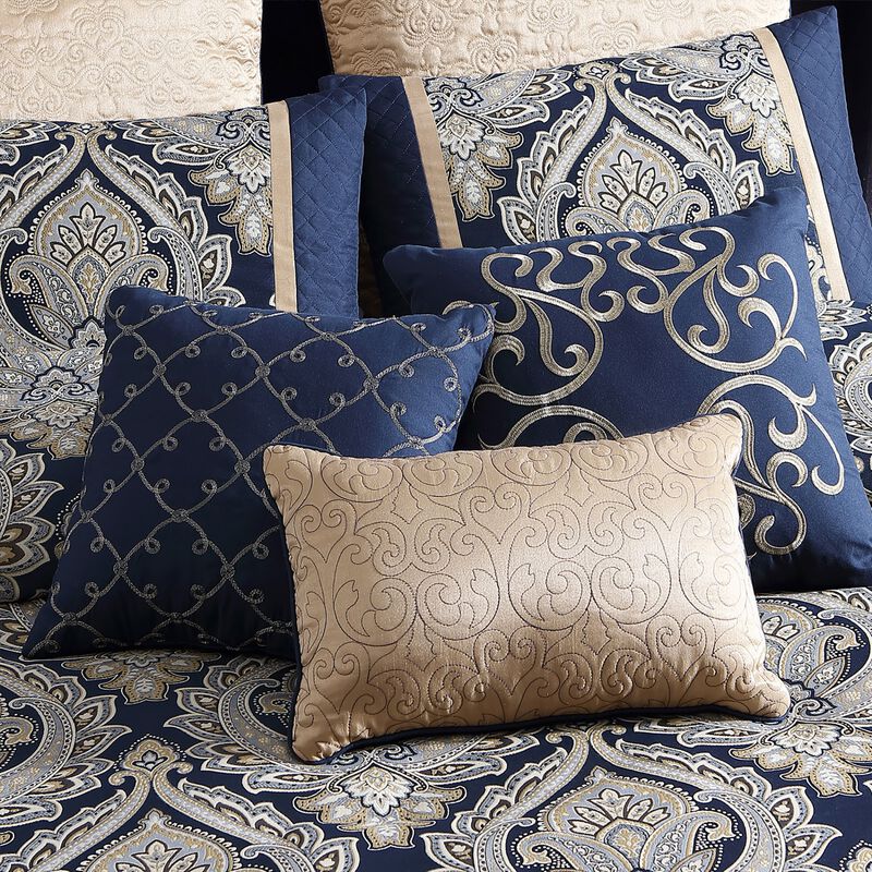 Nova 10 Piece Polyester King Comforter Set, Gold Damask Print, Navy Blue - Benzara