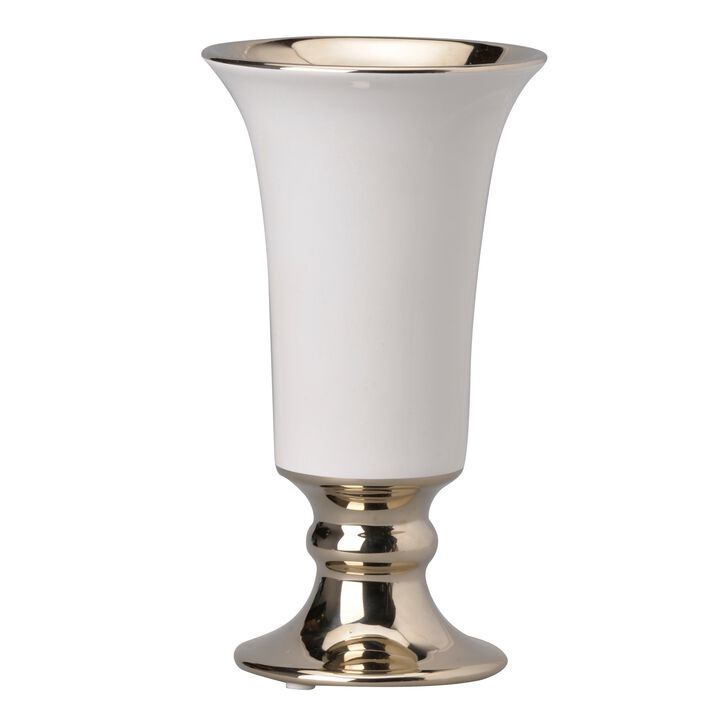 Ceramic Vase with Flared Top and Pedestal Base, Medium, White and Gold - Benzara