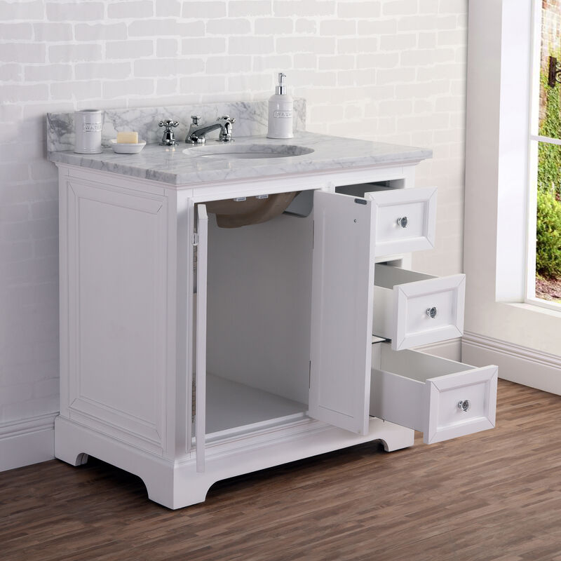 Derby 36 In. Single Sink Carrara White Marble Countertop Bath Vanity In Pure White