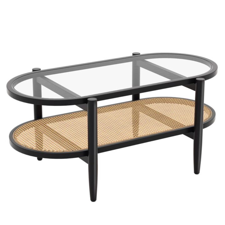 Hivvago 2-Tier Coffee Table with Tempered Glass Tabletop and Acacia Wood Frame