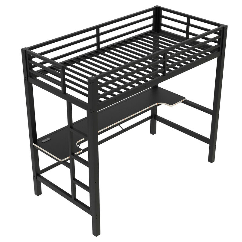 Merax Gaming Metal Loft Bed Frame with LED Light and Desk