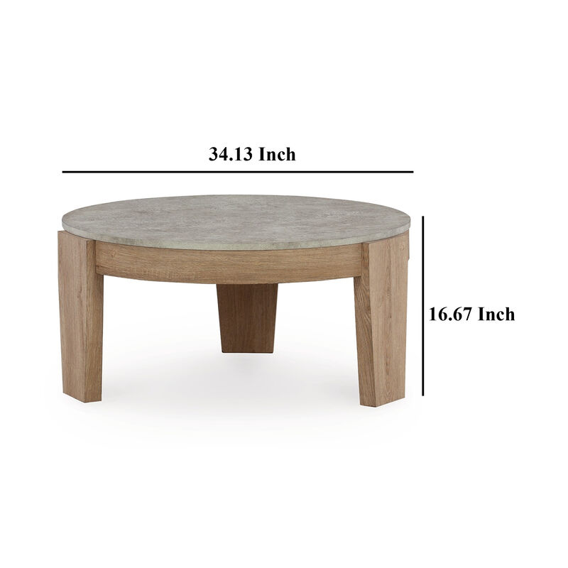 Hena 3pc Coffee and End Table Set, Round Gray Faux Cement, Brown Wood - Benzara
