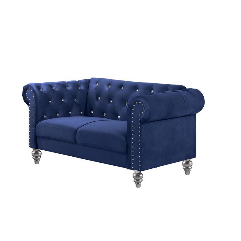 New Classic Furniture Furniture Emma Velvet Fabric Loveseat with Rolled Arms in Royal Blue