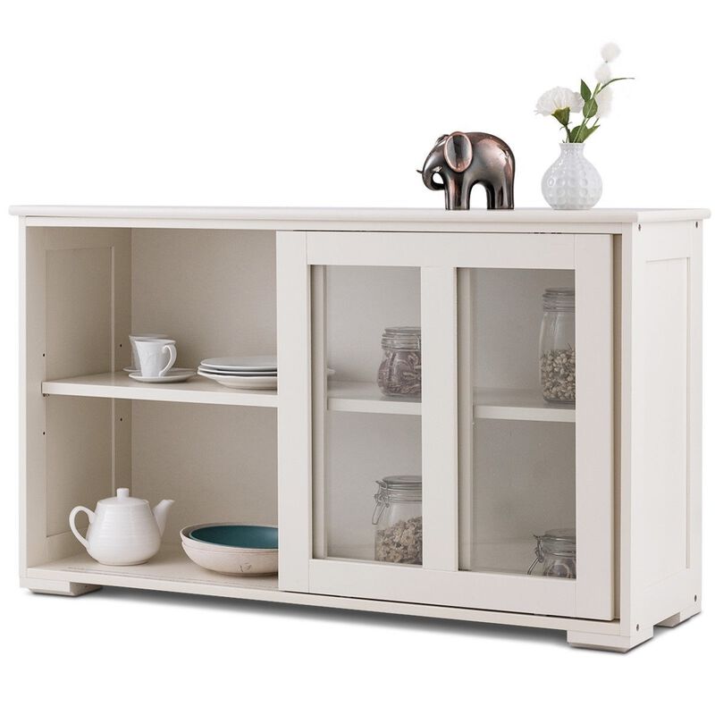 Hivvago Modern Cream White Wood Buffet Sideboard Cabinet with Glass Sliding Door