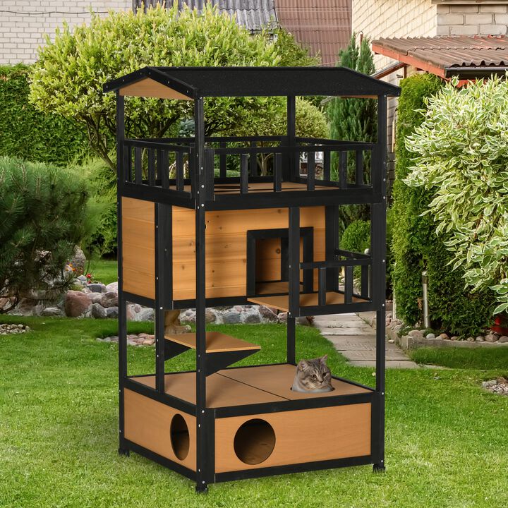 Yellow Wooden Cat Condo: Outdoor Kitten Tree with Escape Doors