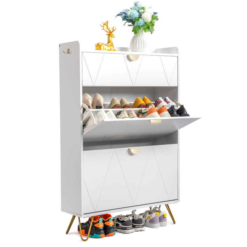 Elegant Entryway Shoe Cabinet, V-Carved Doors with 2 Drawers & Flip-Top Storage