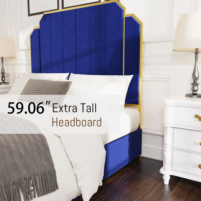 MONDAWE Queen Size Modern Platform Bed Frame and 59.06" Headboard, Upholstered Bed with Golden Plating Trim
