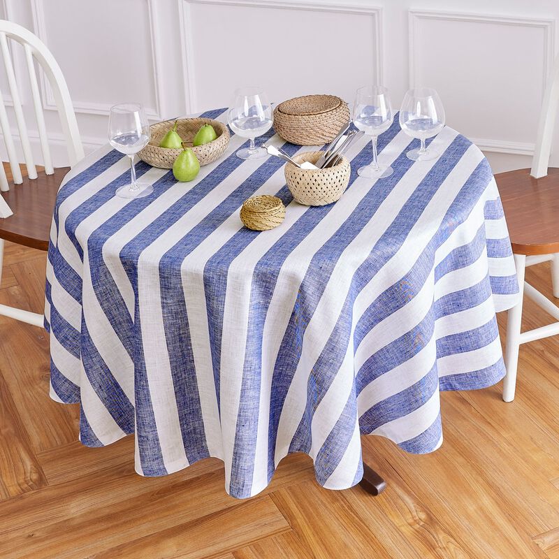 Solino Home 100% Pure Linen Round Tablecloth 70 Inch Diameter | Cabana Stripe