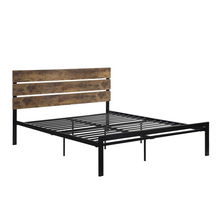 Mars Queen Platform Bed, Brown Faux Wood Slat Headboard, Black Metal Frame - Benzara