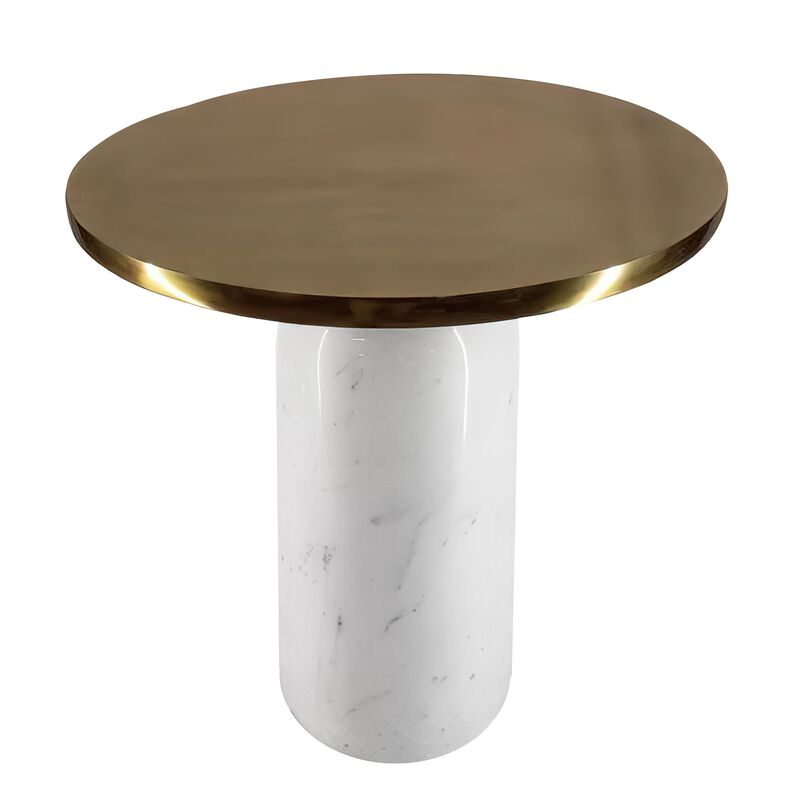 17 Inch Round Brass Modern Accent End Table with Cylindrical Marble Base, Brass, White-Benzara