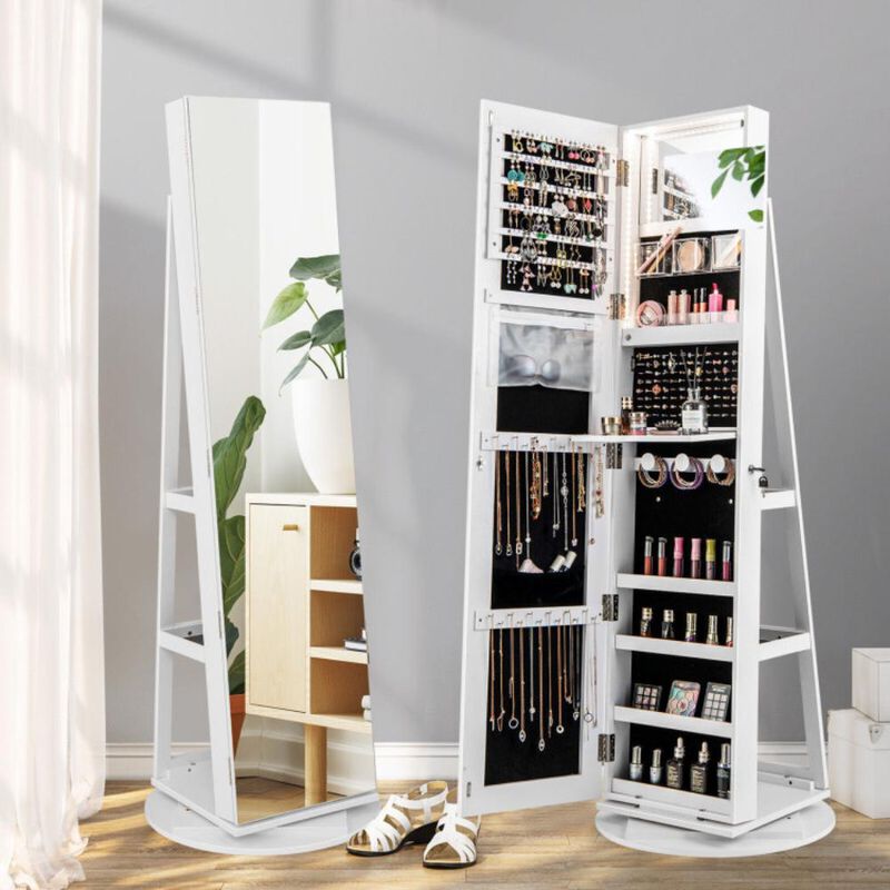 Hivvago 360Â° Rotating Mirrored Jewelry Cabinet Armoire 3 Color LED Modes Lockable