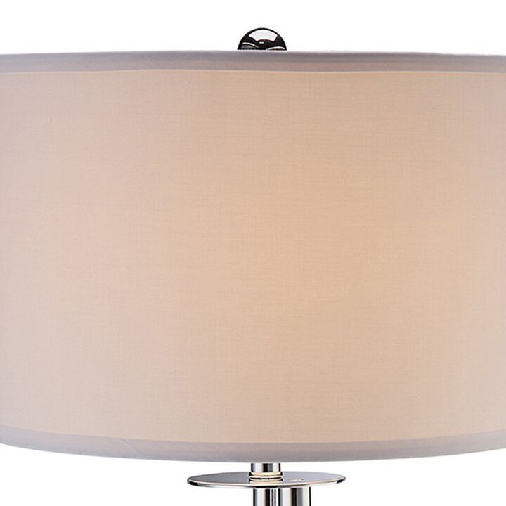 30 Inch Table Lamp, White Drum Fabric Shade, Modern Round Chrome Base-Benzara