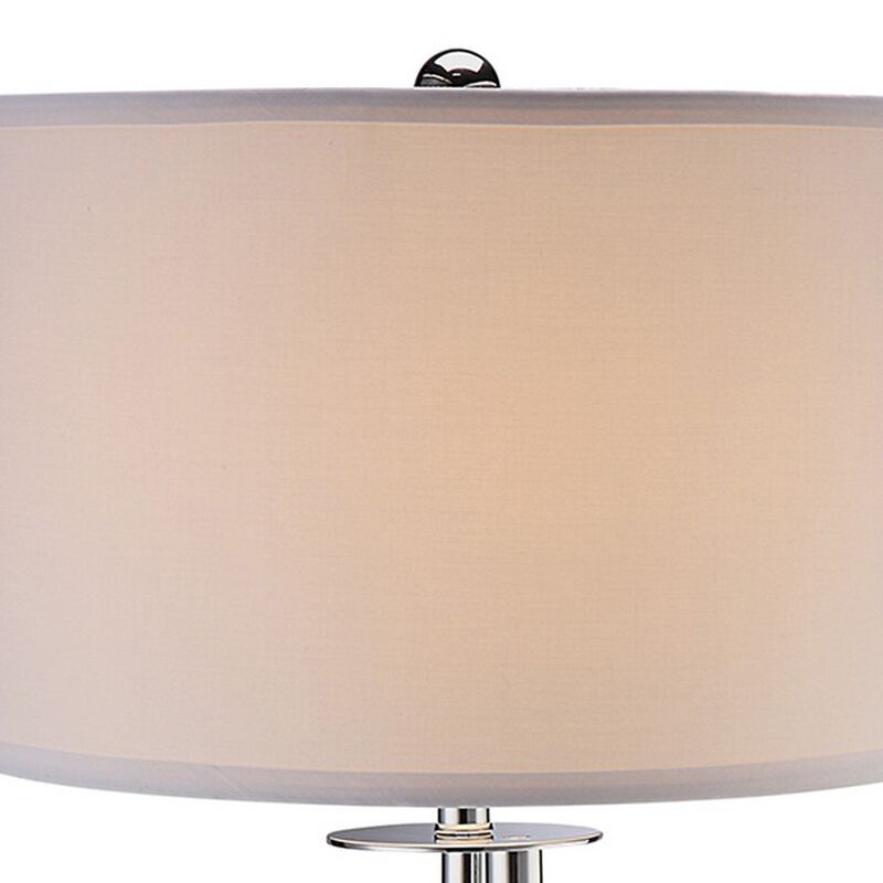 30 Inch Table Lamp, White Drum Fabric Shade, Modern Round Chrome Base-Benzara