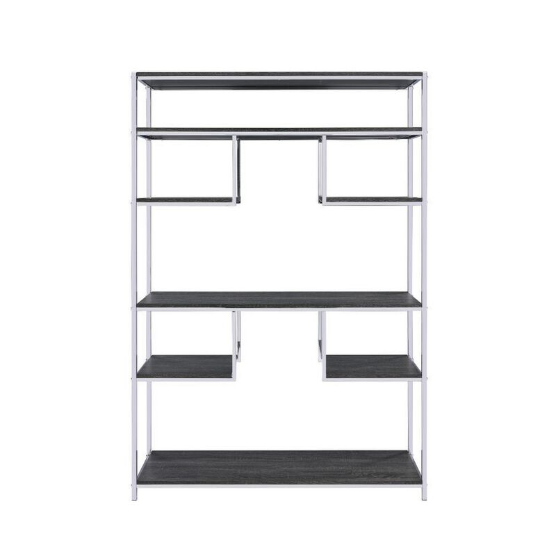 Etagere Bookshelf with 7 Shelves and Geometric Pattern,Silver and Dark Gray-Benzara