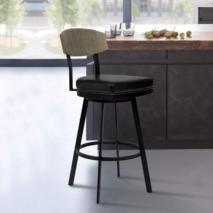 Frisco Bar Height Barstool in Matte Black Finish with Black Faux Leather and Gray Walnut