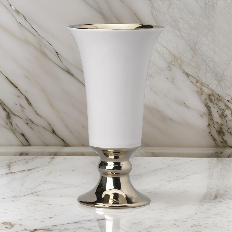 Ceramic Vase with Flared Top and Pedestal Base, Large, White and Gold - Benzara