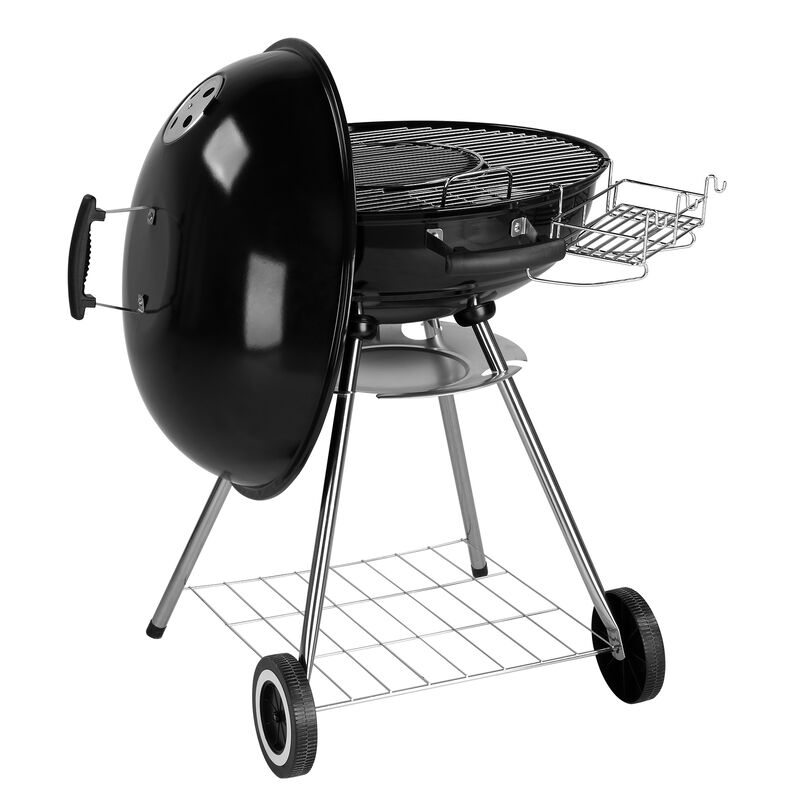 Round Charcoal BBQ Grill with Wheels, Ash Catcher, Storage Holder, and Thermometer for Outdoor