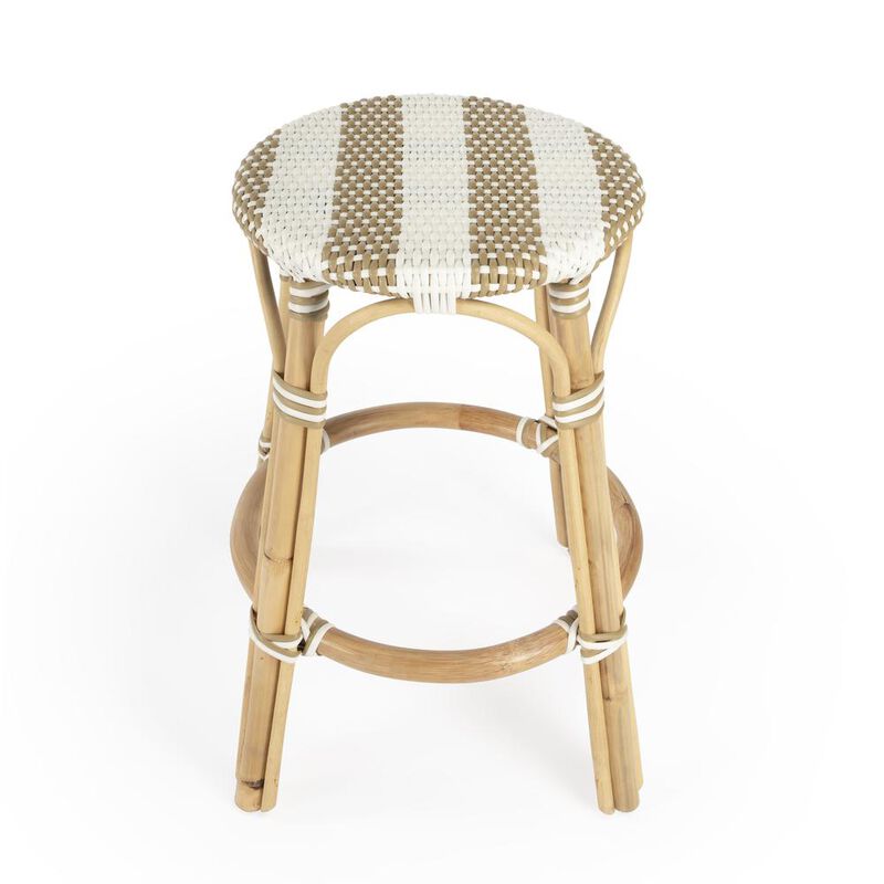 Butler Specialty Tobias Rattan Round 24 Counter Stool, Tan and White Stripe
