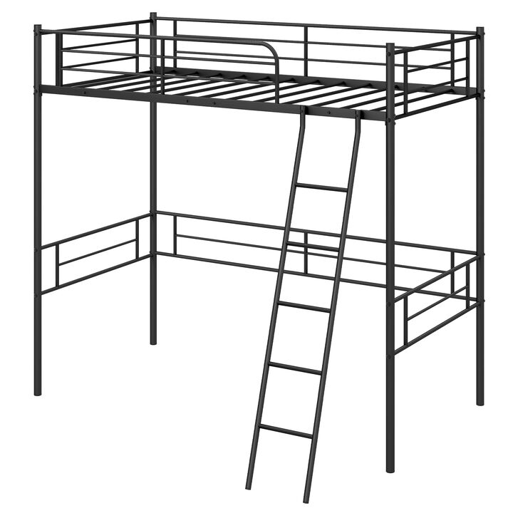 Loft Bed Metal Bed Frame with Ladder and Guardrails