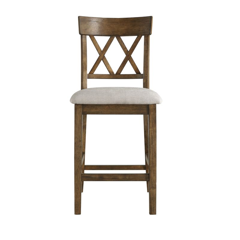 Carl 26 Inch Counter Height Chair, Polyester Seat, X Back, Brown, Set of 2 - Benzara