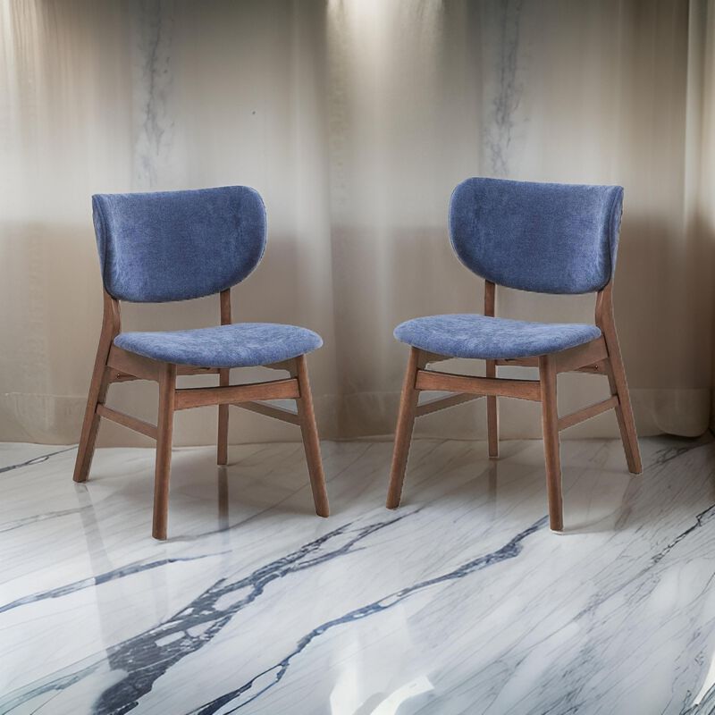 Evis 23 Inch Side Dining Chair Set of 2, Walnut Brown, Soft Blue Fabric - Benzara