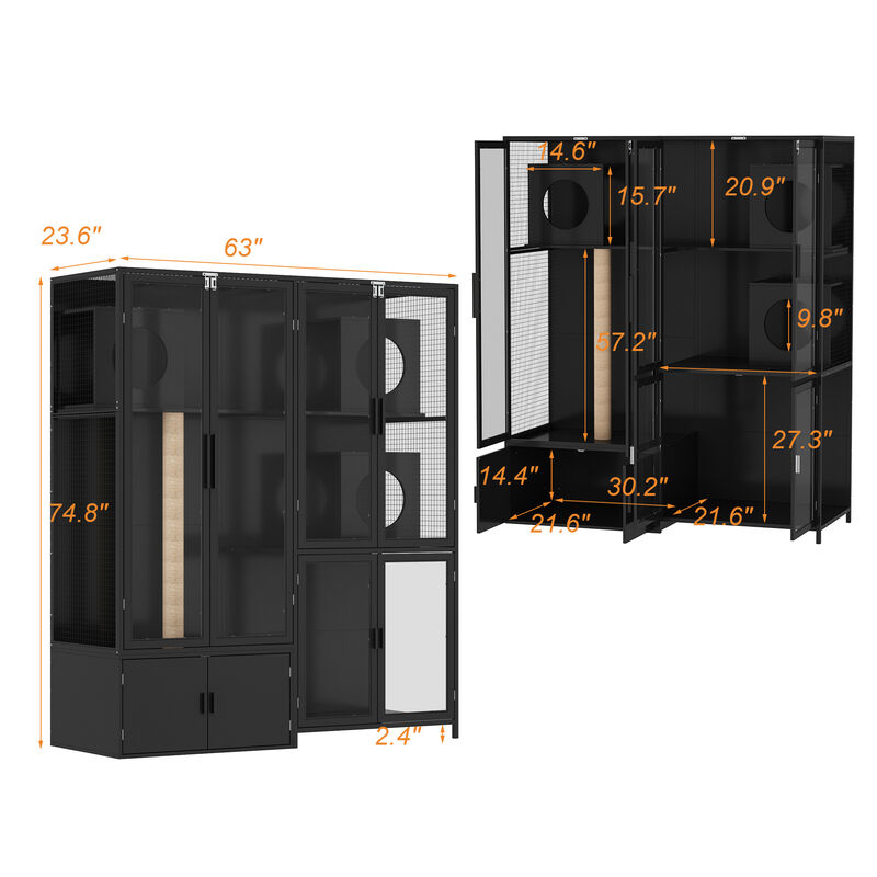 FUFU&GAGA 3-Level Cat Tower with Jumping Platform, Sisal Scratching Posts, Acrylic Doors & Storage Cabinet, (63" Lx 23.6"W x 74.8"H), Black