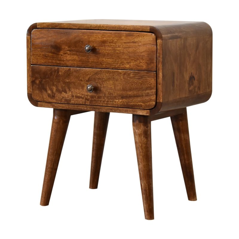 Curved Chestnut Solid Wood 2 Drawer Nightstand