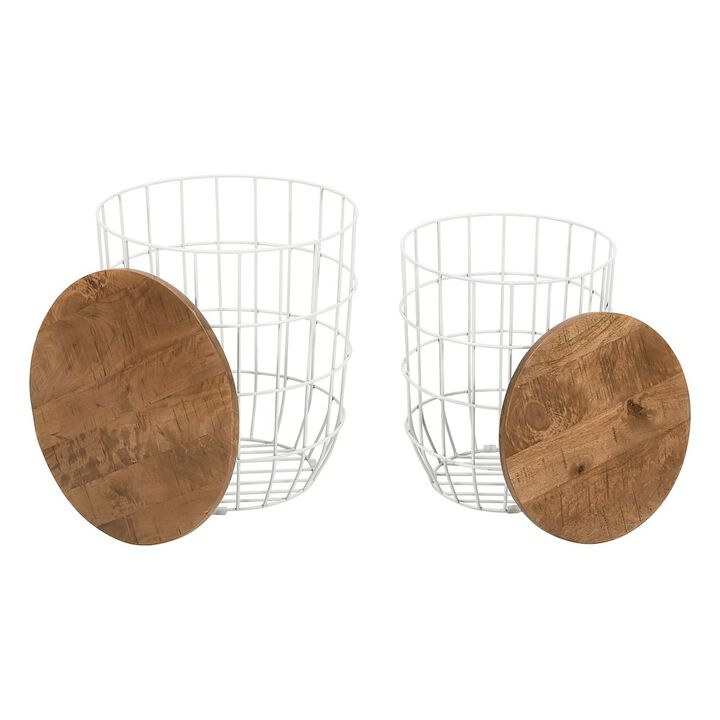 Jofran Global Archive Nested Storage Solid Wood and Metal Basket End Tables (Set of 2)
