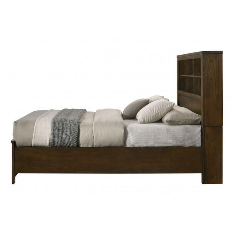 Benjara Maryl Queen Bed with Bookcase Headboard, Solid Wood, Oak Brown Finish
