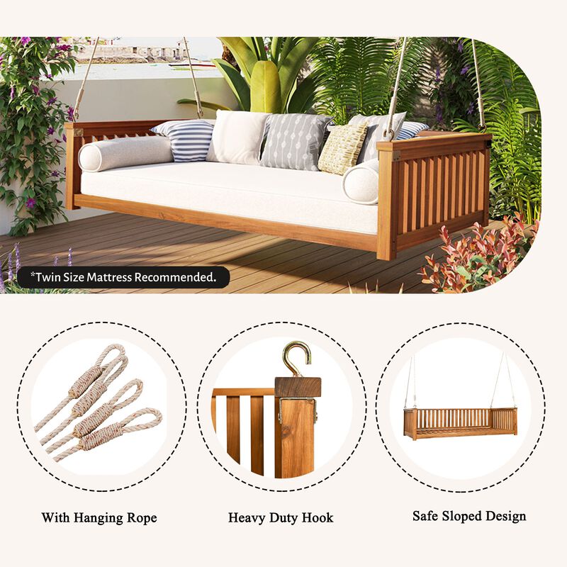 Mondawe Outdoor Twin Size Acacia Wood Swing Bed,Patio Garden Hanging Chair With A Hanging Rope