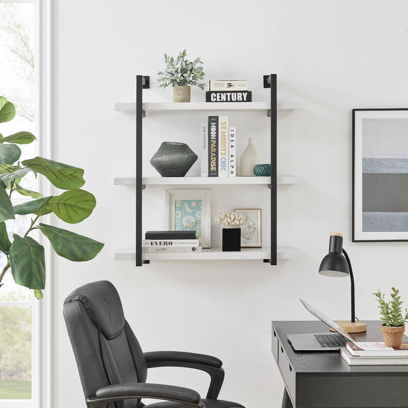 Modern 3-Tier Hanging Bracket Wall Shelves in Black Metal and White Birch Finish
