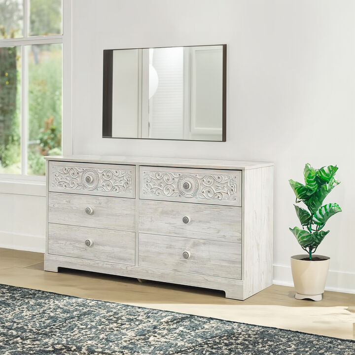 59 Inch Dresser, 6 Drawers, Medallion Design Front, Whitewashed MDF Frame-Benzara