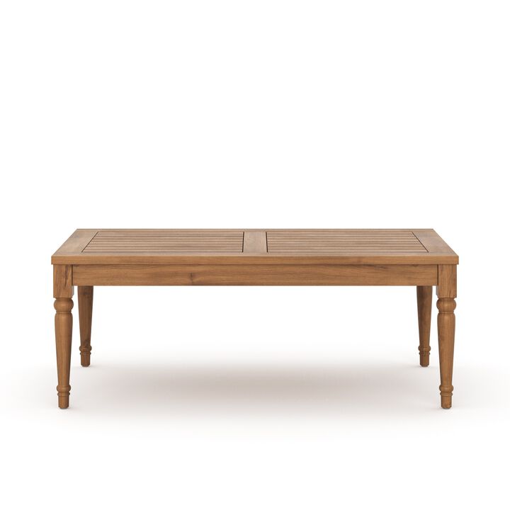 Pena Outdoor Coffee Table, 47 Inch Rectangular Slat Brown Acacia Wood - Benzara