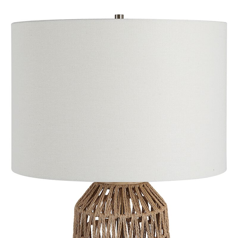 24 Inch Table Lamp, Brown Woven Rope, Linen Shade, Wood Base, Off White - Benzara