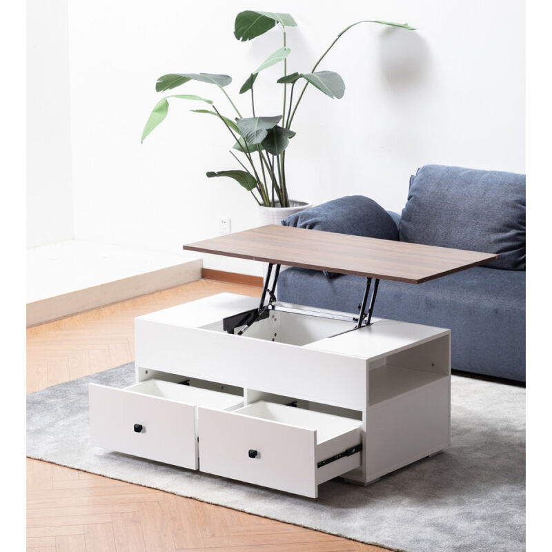 Luna White Coffee Table With Brown Walnut Finish Lift Top, 2 Drawers, And 2 Shelves