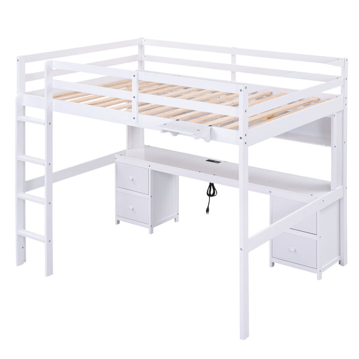 Full Size Loft Bed With Desk, Cabinets, Drawers And Bedside Tray, Charging Station