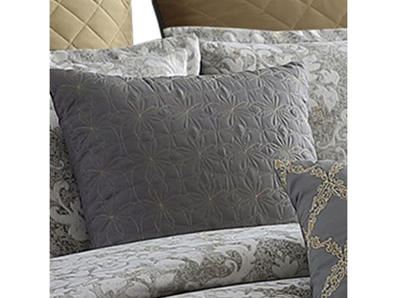 9 Piece King Polyester Comforter Set with Medallion Print, Gray and Gold - Benzara