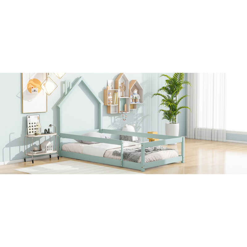 Twin Size Wood Bed With House-Shaped Headboard Floor Bed With Fences, Light Green